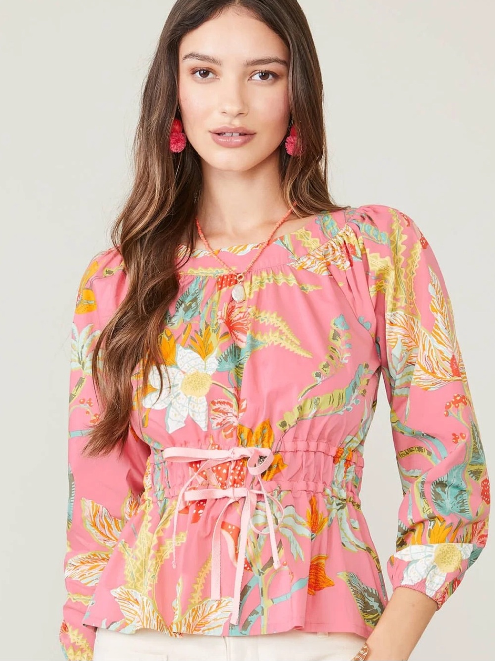 Spartina 449 Pink Tropical Floral Drawstring Peasant Blouse Sz XXL